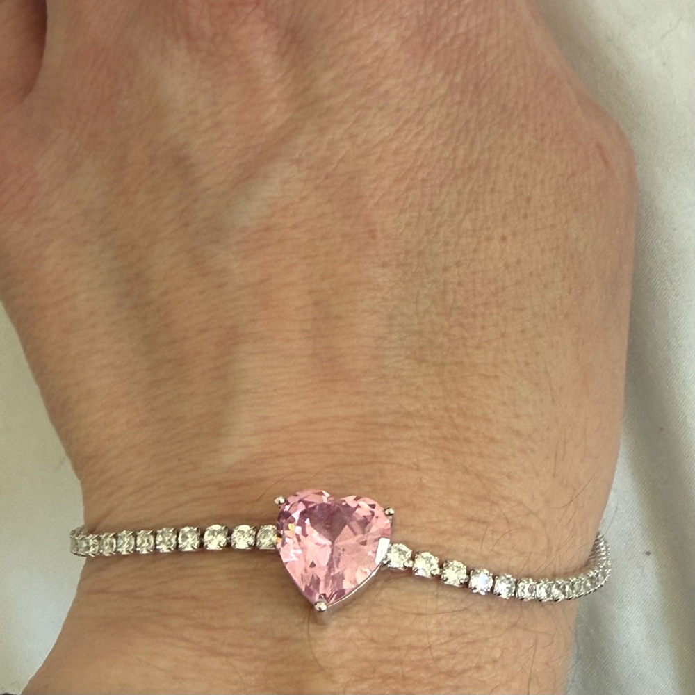 Pink Heart Silver Tennis Bracelet - Picture 7 of 9